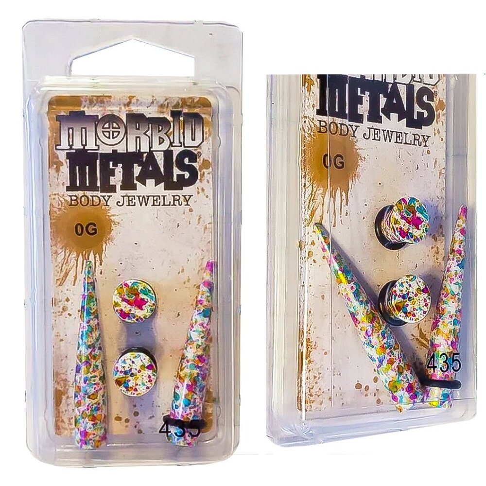 0G Tapers & Plugs Ear Gauge Set | Rainbow Splatter Acrylic Body Jewelry